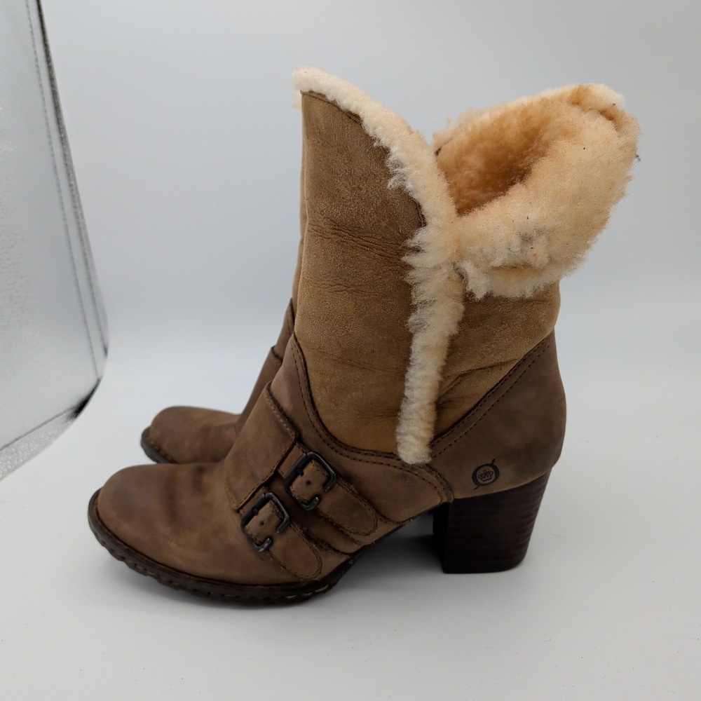 Born Amaze Brown Leather Shearling Lined Mid-Calf Buckle Boots Womens 6 36.5 - Picture 2 of 9